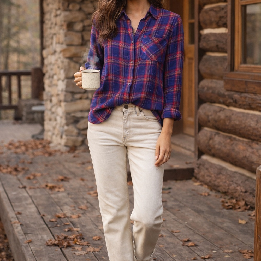 Anthro Cloth & Stone Plaid Button Down XS Blue Red Rayon Boho Shirt
